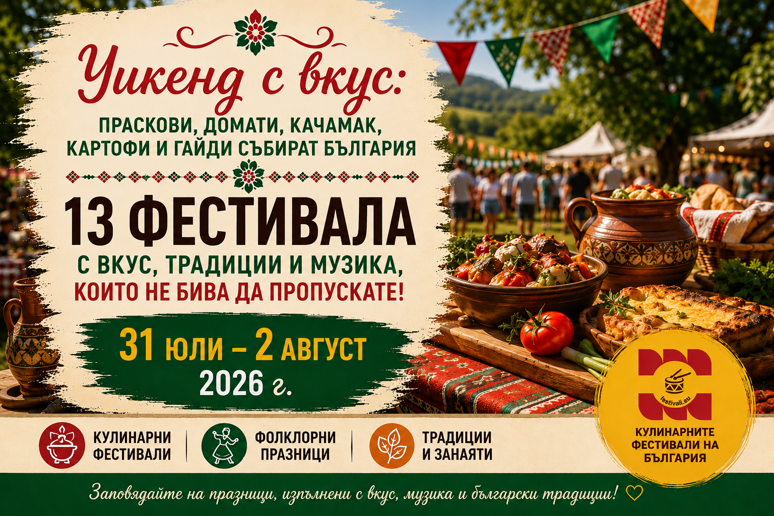 Уикенд с вкус: Праскови, домати, качамак, картофи и гайди събират България (31 юли - 2 август 2026 г.)