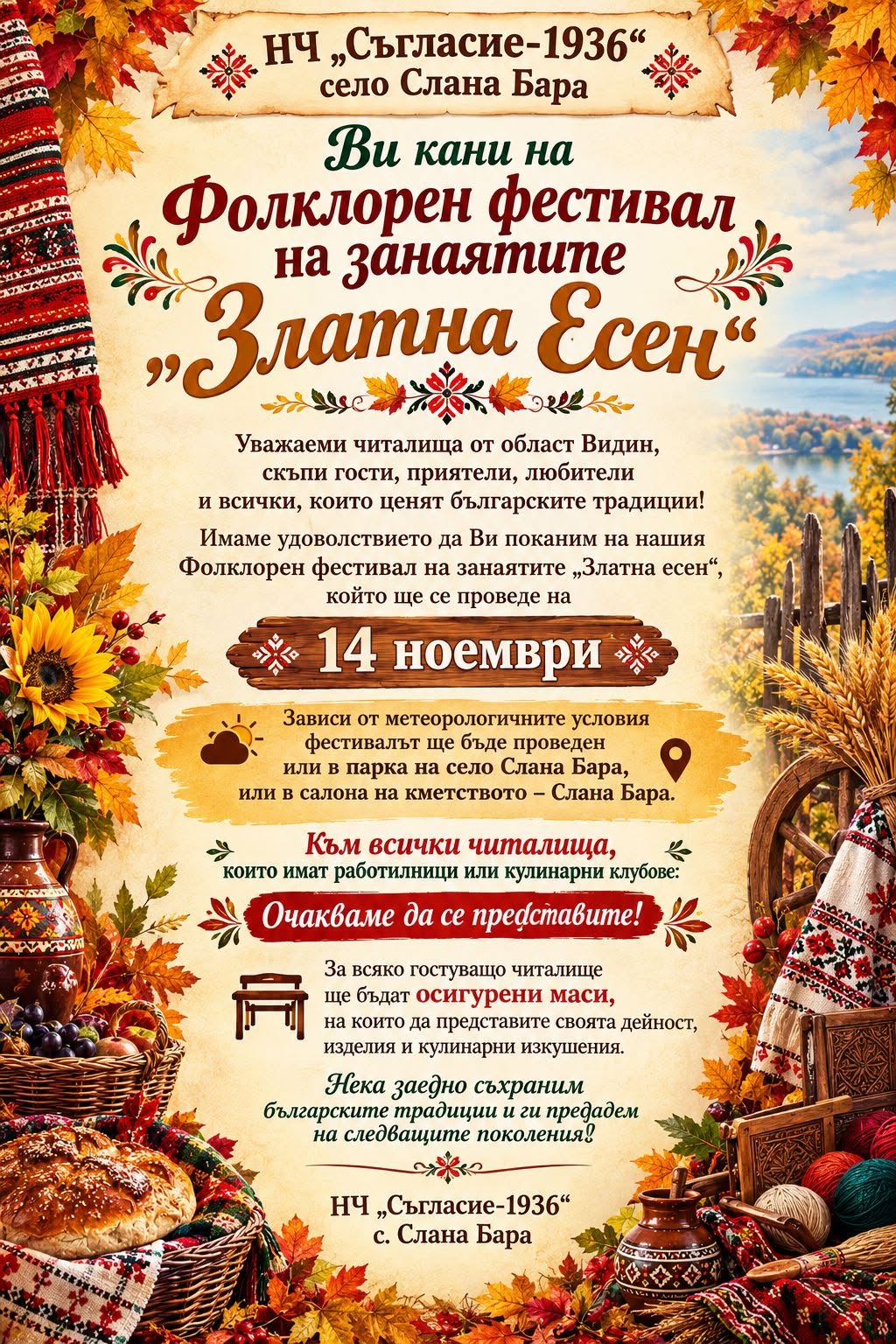 Фолклорен фестивал на занаятите „Златна есен“ 2026 – Слана Бара